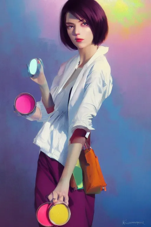 Prompt: a ultradetailed beautiful panting of a stylish woman, she is holding a bunch of colorful pills in her hand, high angle shot, oil painting, by ilya kuvshinov, greg rutkowski and makoto shinkai