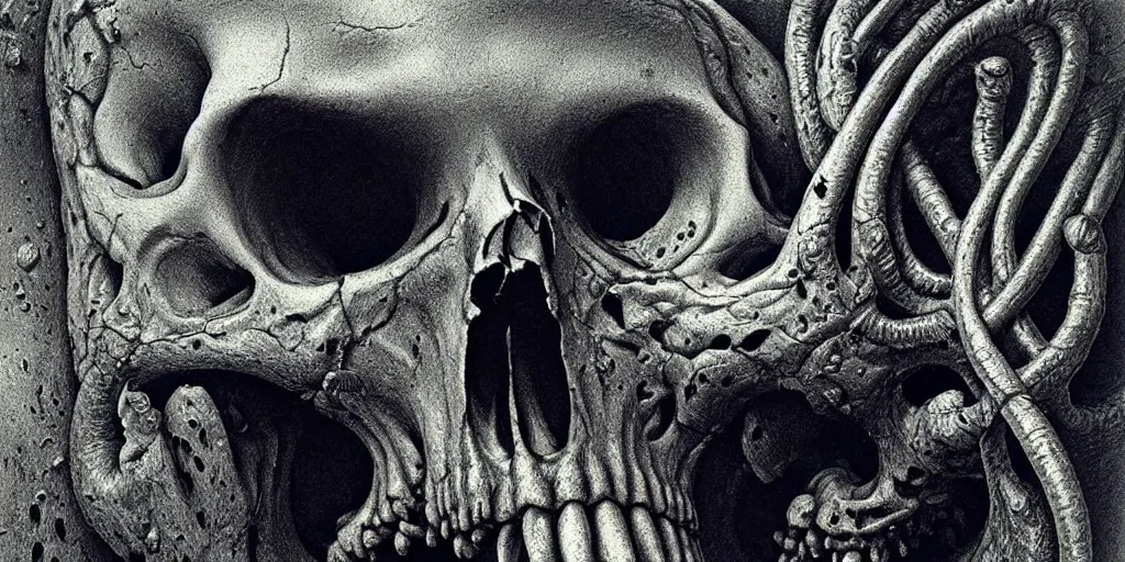 Image similar to close-up of a soldier's skull, Zdzislaw Beksinski, Wayne Barlowe, Joe Fenton, Escher M.C., gothic, cosmic horror, biomorphic, lovecraftian, amazing details, cold hue's
