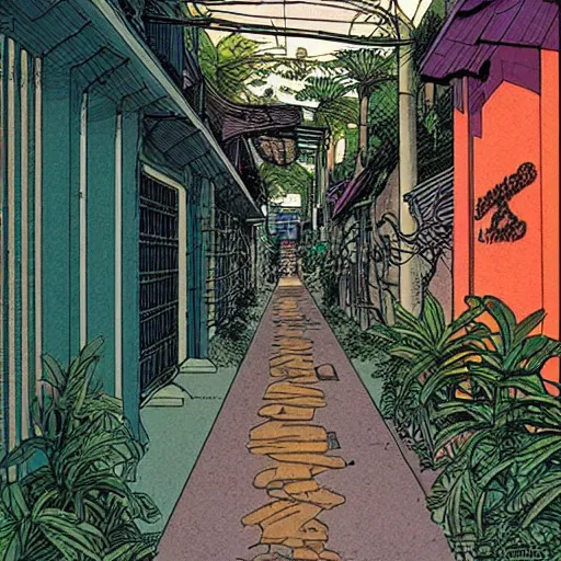 Image similar to an alley in singapore, art by moebius