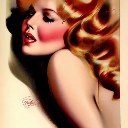 Image similar to a curvy, radiant, bubbly, 2 5 - year - old canadian plus - size model, long strawberry - blond hair, creamy skin, portrait, illustration by rolf armstrong