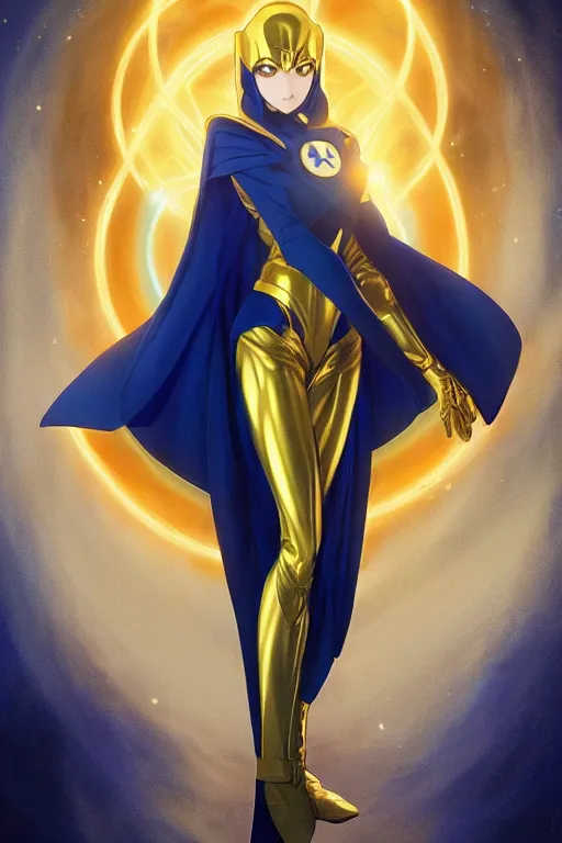 Image similar to anime key visual of a beautiful young female doctor fate!! intricate, gold and blue suit, cape, glowing, powers, dc comics, cinematic, stunning, highly detailed, digital painting, artstation, smooth, hard focus, illustration, art by artgerm and greg rutkowski and alphonse mucha