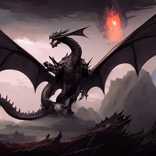 Image similar to flying black dragon, d & d, fantasy, greg rutkowski,