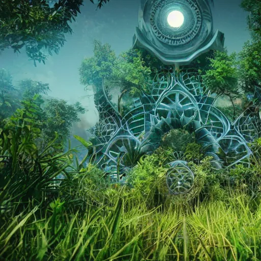 Image similar to sacred geometry overgrown cryengine render by android jones, syd mead, and john stephens