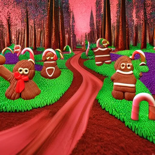 Prompt: Candy land forest during christmas time with anthropomorphic ginger bread people and candy people, rivers made out of chocolate milk, the sky is pink, 3d art, Surreal, Angelic, HD, Hyper Realistic