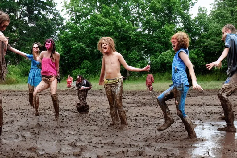 Prompt: hippies playing in a mud puddle