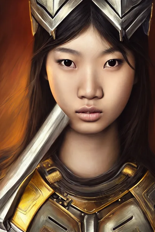 Image similar to a photorealistically painted portrait of an attractive young asian girl, partially clothed in metal-plated battle armor, with an abstractly painted background, flawless skin, fair complexion, long dark hair, beautiful bone structure, perfectly symmetric facial features, perfect photorealistic eyes, natural physique, intricate, elegant, digital painting, concept art, finely detailed, beautifully illustrated, sharp focus, minimal artifacts, volumetric lighting, from DOOM and Halo, by Ruan Jia and Mandy Jurgens and Artgerm and William-Adolphe Bouguerea, in the style of Greg Rutkowski, trending on Artstation, award winning art