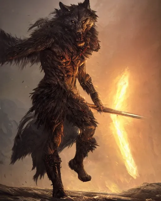 Prompt: oil painting of Angry Anthropomorphized Wolf Berserker, wearing torn cloak, claws, sharp focus, attack pose, fantasy style, octane render, volumetric lighting, 8k high definition, by greg rutkowski, highly detailed, trending on art Station, magic the gathering artwork, burning Battlefield background, centered
