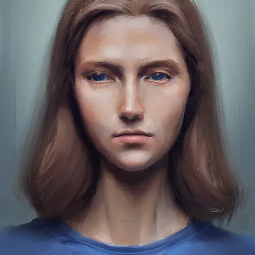 Image similar to Portrait of a woman by Greg Rutkowski, she is about 30 years old, pretty, blond hair with two strans around her face, slavic features, melancholic gaze, pretty aquiline nose, she is wearing a blue utilitarian jumpsuit, highly detailed portrait, digital painting, artstation, concept art, smooth, sharp foccus ilustration, Artstation HQ.