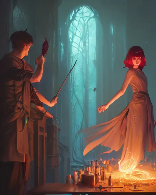 Image similar to highly detailed vfx portrait of a mage casting magic, unreal engine, greg rutkowski, loish, rhads, beeple, makoto shinkai and lois van baarle, ilya kuvshinov, rossdraws, tom bagshaw, alphonse mucha, global illumination, detailed and intricate environment