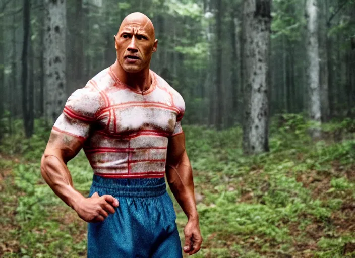 Prompt: film still of dwayne the rock johnson as eleven in the new stranger things movie, 4 k, highly detailed face, detailed eyes