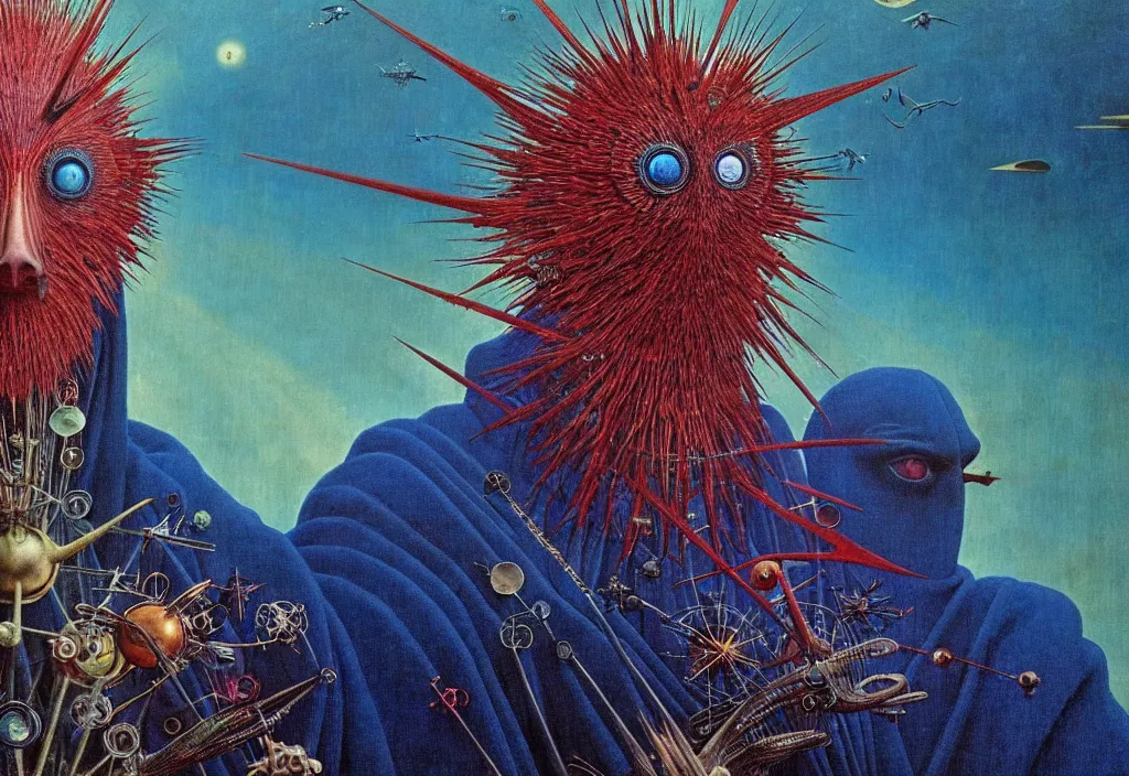 Prompt: realistic detailed portrait movie still of a birdman wearing dark robes, surreal sci fi landscape background by denis villeneuve, amano, yves tanguy, alphonse mucha, ernst haeckel, max ernst, roger dean, masterpiece, rich moody colours, blue eyes, snarling dog teeth