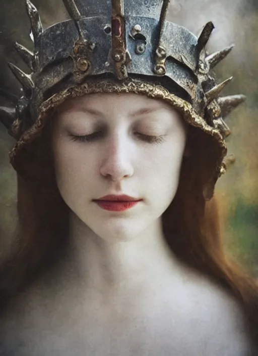 Prompt: medieval helm!!!, out of focus!!!! photorealistic portrait of a beautiful pale woman by saul leiter, very blurry!!!!, translucent white skin, closed eyes, foggy, pale lips