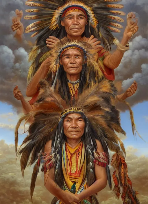 Image similar to faces of indigenous amazonian grandfathers and grandmothers spirits in the clouds, smiling, protection, benevolence, ancestors, detailed faces, art by christophe vacher