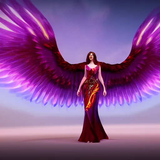 Prompt: a beautiful orchid phoenix angel woman, in an ornamented dress with large wings, photorealism, unreal engine, volumetric light, god rays, 8 k high resolution, rubies