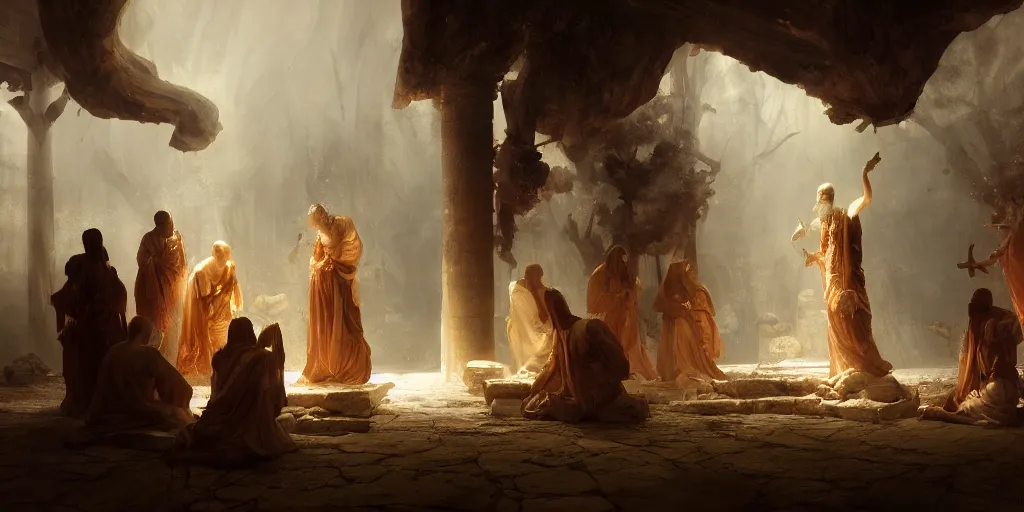 Prompt: an ancient sect performing a ritual in an ancient ruina, mythology, extremely detailed digital painting, in the style of velazquez and ruan jia and jeremy lipking and peter mohrbacher, mystical colors, edge light, beautiful lighting, 4 k, stunning scene, ray tracing, octane, trend in artstation