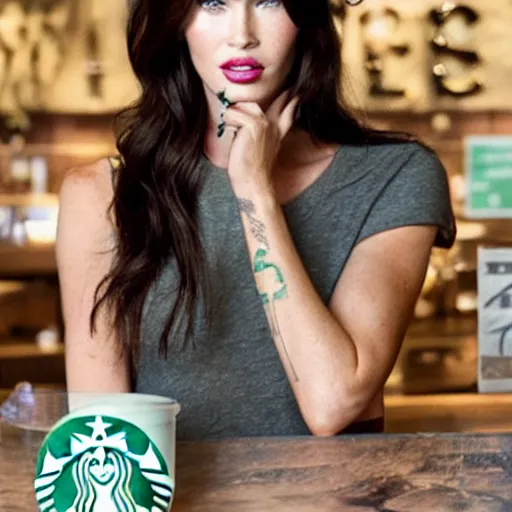 Prompt: Megan fox inside of Starbucks, vogue photograph