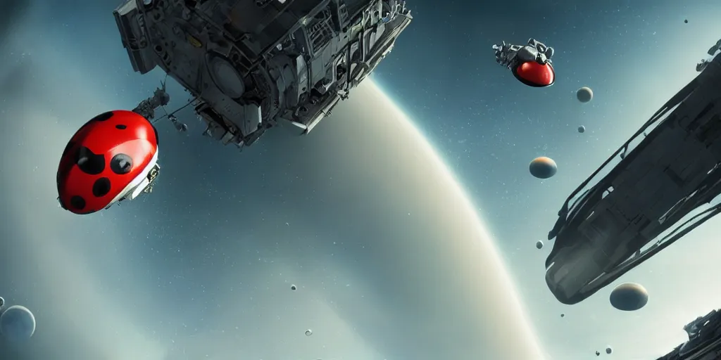 Image similar to movie still far view of a spaceship docked in space around planet saturn. huge ladybug looking robots fix the spaceship outside. detailed, cgsociety, highly detailed, dramatic lighting, coherent, octane, silent running, fifth element, 4 k.