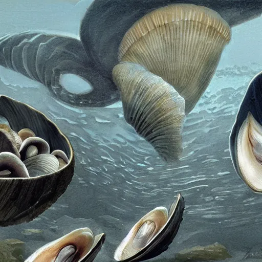 Image similar to bivalve, sea shell, mystery of the deep, quahogs. greg rutkowski, gustavo dore, national geographic, spiral, mollusc