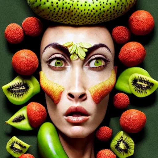 Image similar to fruit dryad megan fox editorial by malczewski and arcimboldo, vegetables dryad sculpture by arcimboldo, stil frame from'cloudy with a chance of meatballs 2'( 2 0 1 3 ) of banana dryad, fruit hybrid megan fox editorial by alexander mcqueen and arcimboldo