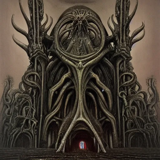 Image similar to monstrous and twisted cathedral with an altar that has a statue to many eyed veiny and four armed cthulhu, tentacles twisting in lotus position. in the style of hr giger and zdzisław beksinski gloom misty glow oil painting biomechanical