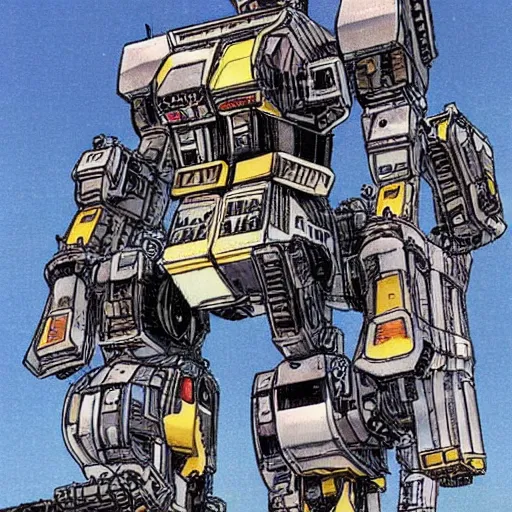 Image similar to engineers building a giant mecha, art by Katsuhiro Otomo