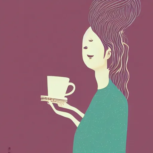 Image similar to illustration of a girl having a cup of coffee, happy feeling, waking up, by malika favre and victo ngai