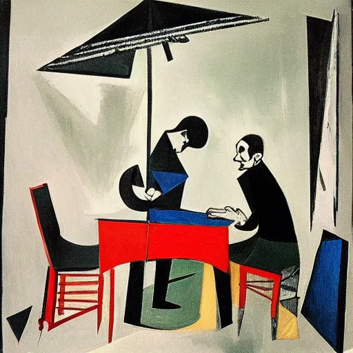 Prompt: chance meeting on a dissecting table of a sewing machine and an umbrella, by pablo picasso, trending on artstation