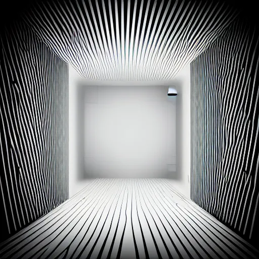 Prompt: inside of blank dark without light endless cube with black walls and white neon contours. Digital Concept Art