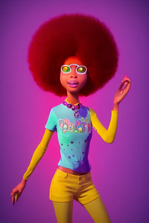 Image similar to a centered render of a cute cool afro disco girl from the seventies, by dreamworks, by pixar, by viktoria gavrilenko, by leticia gillett, by lois van baarle, perfect face, 3 d, 8 k