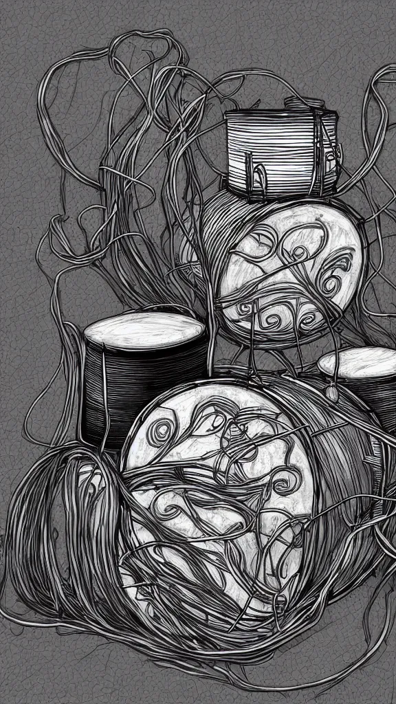 Image similar to a drum kit with long thick vines wrapping around it, fantasy art, art station, grey background,