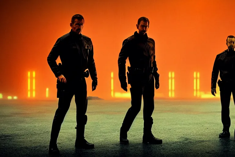 Image similar to film still of closeup beautiful futuristic police squad in blade runner 2 0 4 9, cinematic, moody, gritty neon noir by emmanuel lubezki