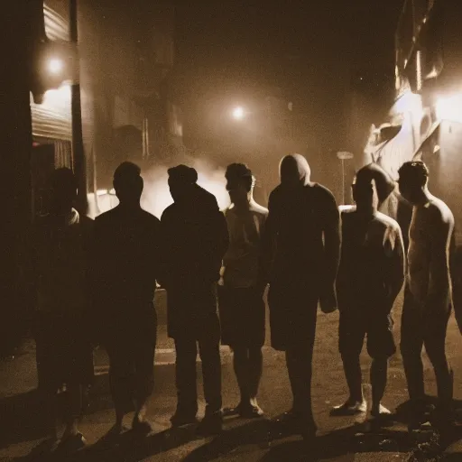 Image similar to an old 5 0 mm photo of a group of men putting on clown makeup in a dark foggy alley