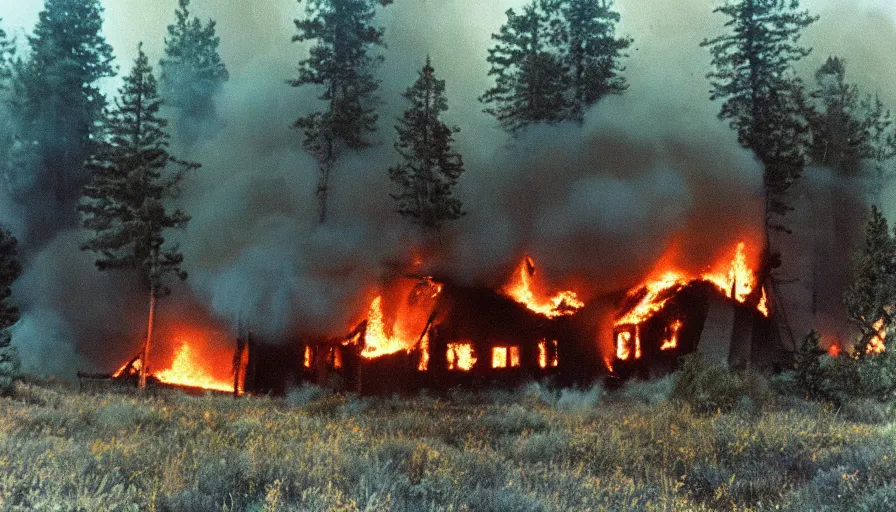 Prompt: 1 9 7 0 s movie still of a burning house on a mountain with pine forest, cinestill 8 0 0 t 3 5 mm, high quality, heavy grain, high detail, texture, dramatic light, ultra wide lens, panoramic anamorphic, hyperrealistic