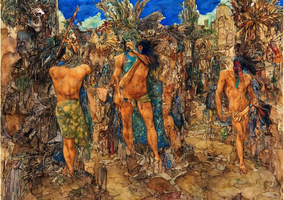 Prompt: watercolor of a polynesian greek god seeking their lover through the streets of an abandoned city, sparse detail, complementary color scheme, by george luks, mati klarwein and moebius