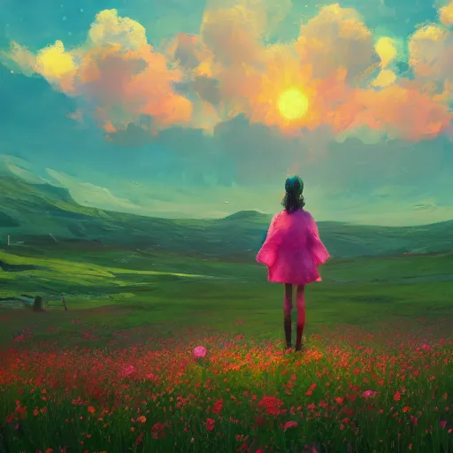 Image similar to girl with a flower face, surreal, bizzare, dreamlike, standing in flower field, in a valley, sunrise dramatic light, impressionist painting, colorful clouds, artstation, simon stalenhag