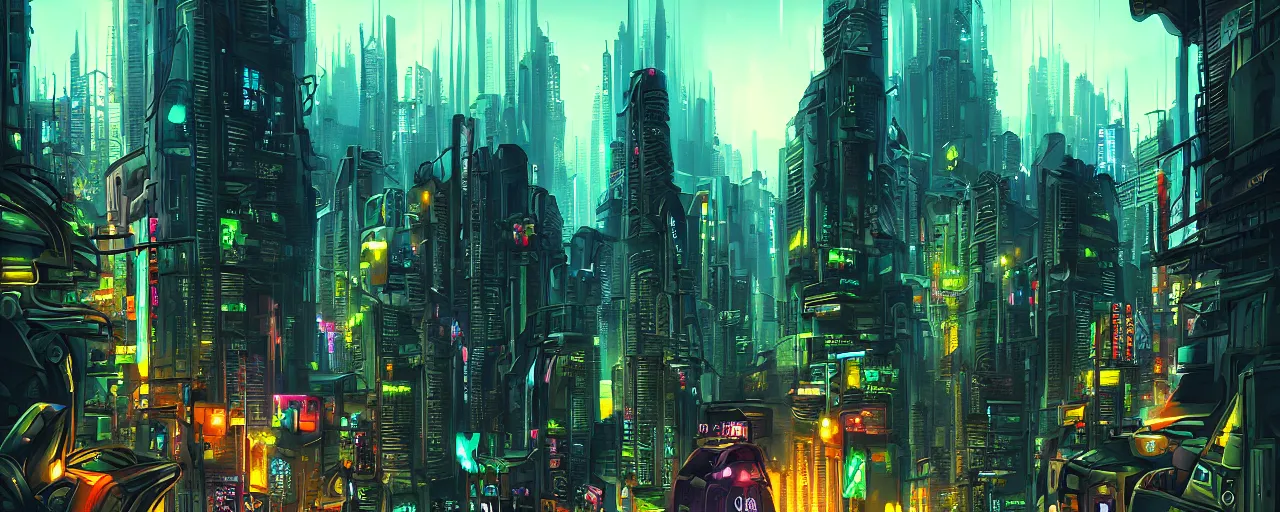 Prompt: A cyberpunk cityscape in the jungle, by Cyril Rolando, landscape, dramatic lighting, high contrast colors, panoramic view, as trending on Artstation, highly detailed,