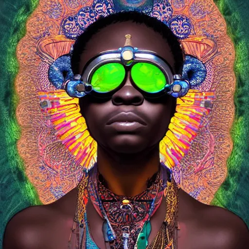 Image similar to colourful vfx upper half - portrait - art of a african tribal chief wearing steam punk goggles, art by utagawa kunisada, james jean & alphonse mucha, symmetrical, intricate detail, concept art, volumetric light, ray tracing, caricature, digital illustration, digital painting, octane 3 d render, unreal engine, sharp, pinterest, behance, art station,