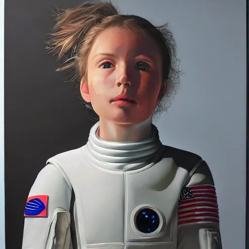 Prompt: girl in futuristic astronaut suit, portrait, hyperrealism oil painting