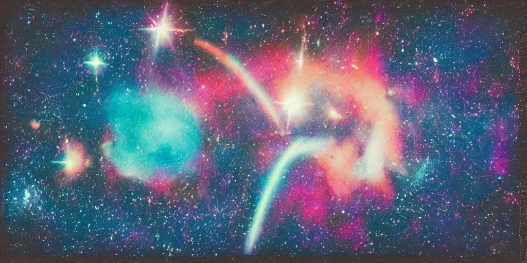 Prompt: polaroid photo of an explosion in outer space, multiple galaxies visible, rich colors, color bleed, lens flare
