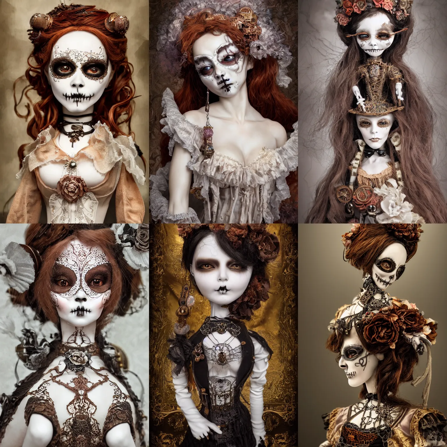 Prompt: ultra realist and ultra intricate detailed soft painting of a beautiful steampunk porcelain muerte doll covered in long drapes, thin lustrous long auburn hair, symmetry features, sensual gloomy style, volumetric clouds, cinematic, 8k resolution, photorealistic, digital painting, dark atmosphere, artstation, concept art, sharp focus, fantasy background, artstation trending, octane render, unreal engine