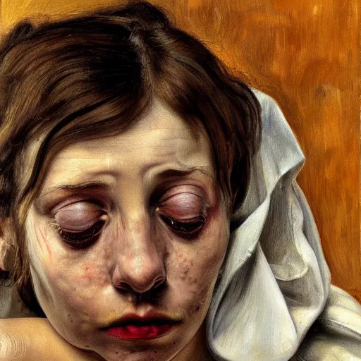 Image similar to high quality high detail painting by lucian freud, hd, portrait of a weeping goth girl, photorealistic lighting