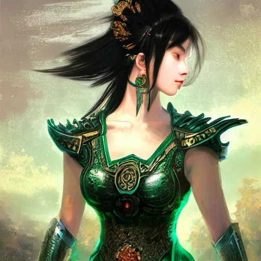 Image similar to portrait black hair young knights of Dynasty Warriors girl, metallic green armor, in ruin fire chinese palace sunrise, ssci-fi and fantasy, intricate and very beautiful and elegant, highly detailed, digital painting, soft light, artstation, concept art, smooth and sharp focus, illustration, art by tian zi and WLOP and alphonse mucha