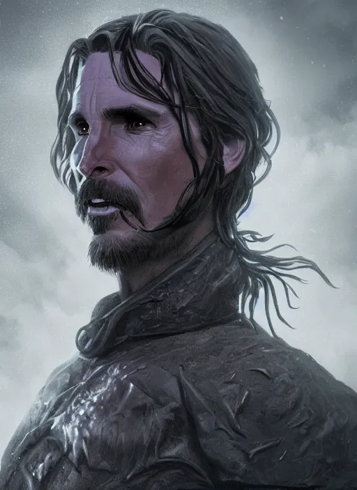 Image similar to A fantasy comic book style portrait painting of Christian Bale as a necromancer in a creepy misty graveyard setting, unreal 5, DAZ, hyperrealistic, octane render, RPG portrait, dynamic lighting