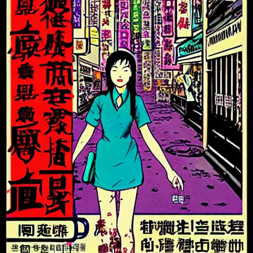 Image similar to glossy old advertising poster, young woman walking through crowded hong kong street, vendors, zombies, horror, drawn comic by junji ito, pastels, gradient,