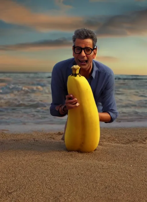 Image similar to jeff goldblum as a banana on the sand of a beach