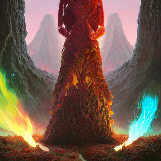 Image similar to illustrated portrait vogue designer Master Chief Sacrificing the Elves to a Volcano Volcano God Volvo Altar made of pinecones and fire kenny scharf giorgio de chirico marc simonetti greg rutkowski james gilleard anton semenov