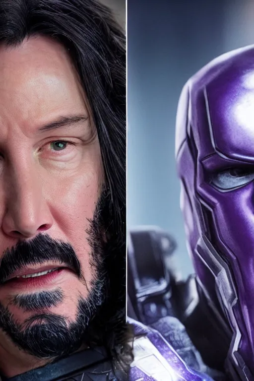 Image similar to Keanu Reeves as Thanos, detailed face, good lighting, promo shoot, studio lighting