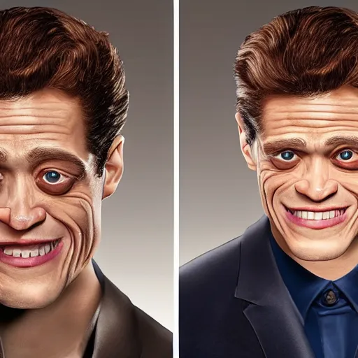 Prompt: studio portrait photography of rami malek morphing into willem dafoe with creepy smile, highly detailed