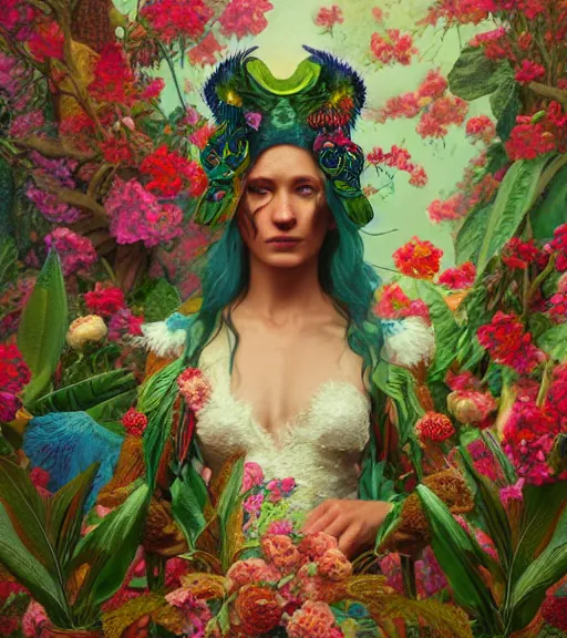 Image similar to portrait of quetzalcoatl, surrounded by flowers, by nan goldin, moebius, tom bagshaw, rococo, trending on artstation, muted lighting, hyper realism, octane render, 8 k, hyper detailed, ink by dave gibbons