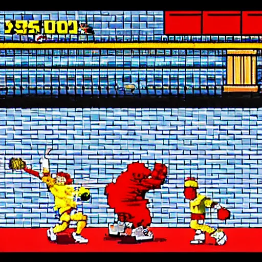 Image similar to screenshot of ronald mcdonald, white face, red afro, red nose and yellow outfit as an enemy in streets of rage video game, sega genesis video game, upscaled to high resolution